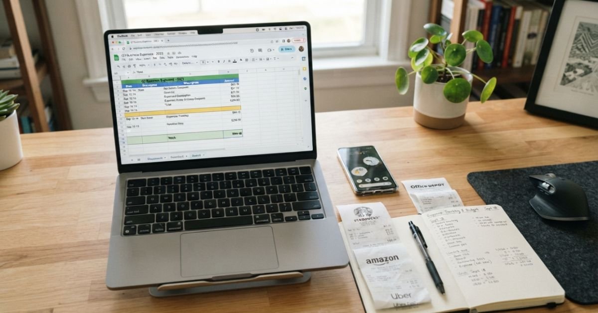 A clean, realistic workspace setup with a modern laptop showing an expense spreadsheet, a smartphone, paper receipts, and a clean notebook