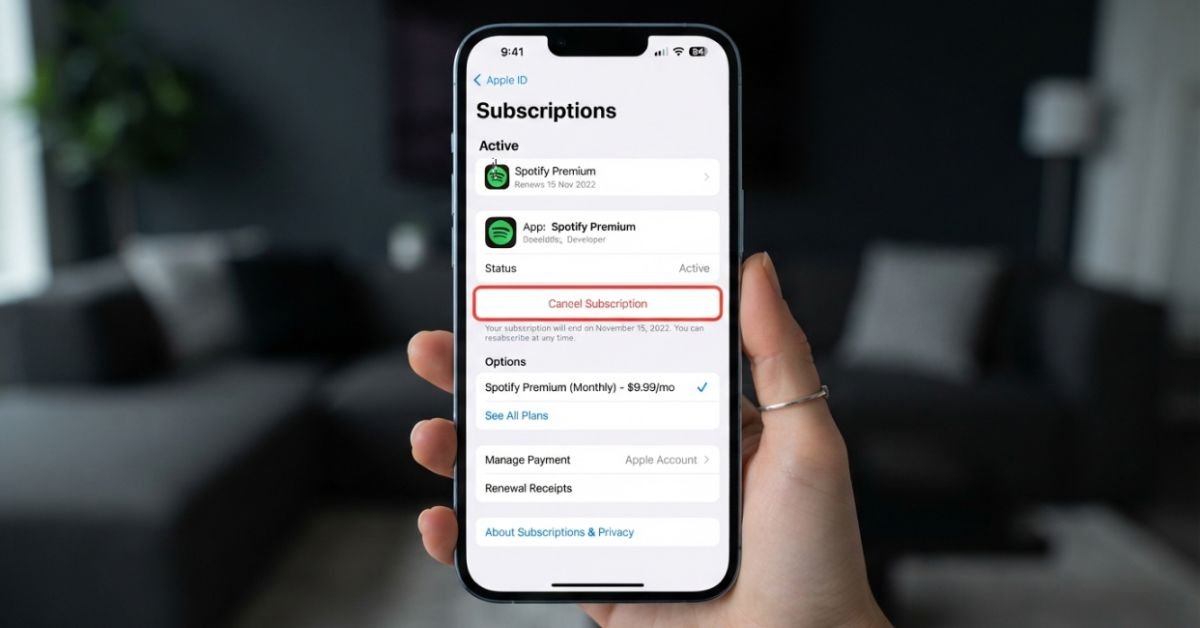 A clean smartphone user interface displaying Apple ID active subscription management settings menu with cancellation options