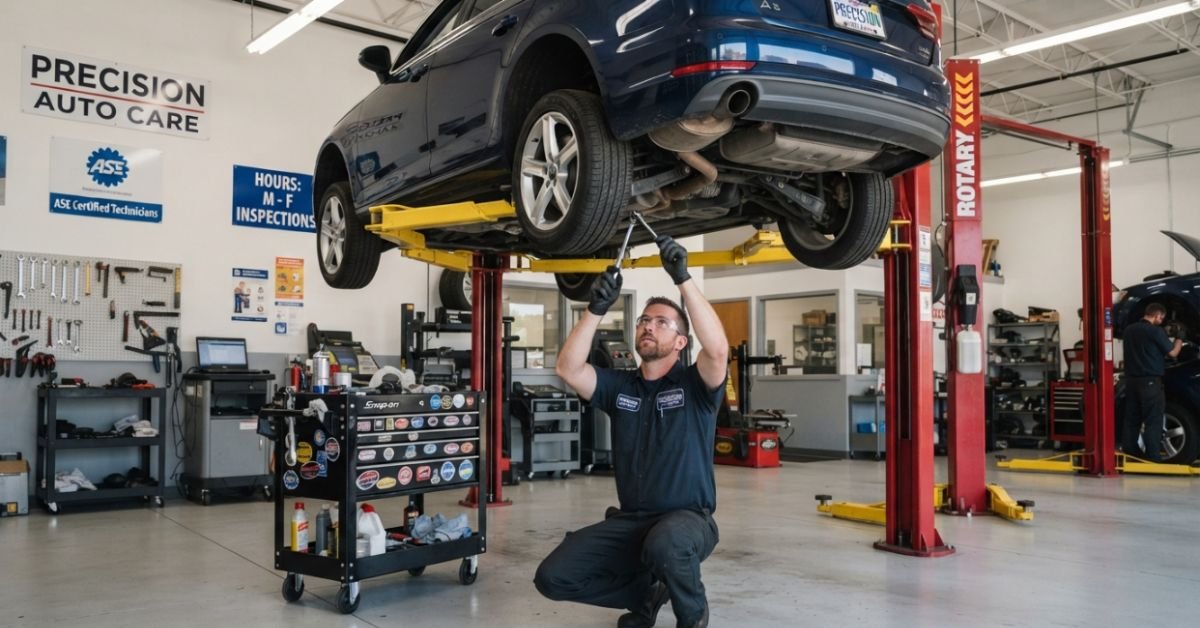 A clean, well-organized independent auto repair shop showing a certified mechanic working beneath a vehicle lift