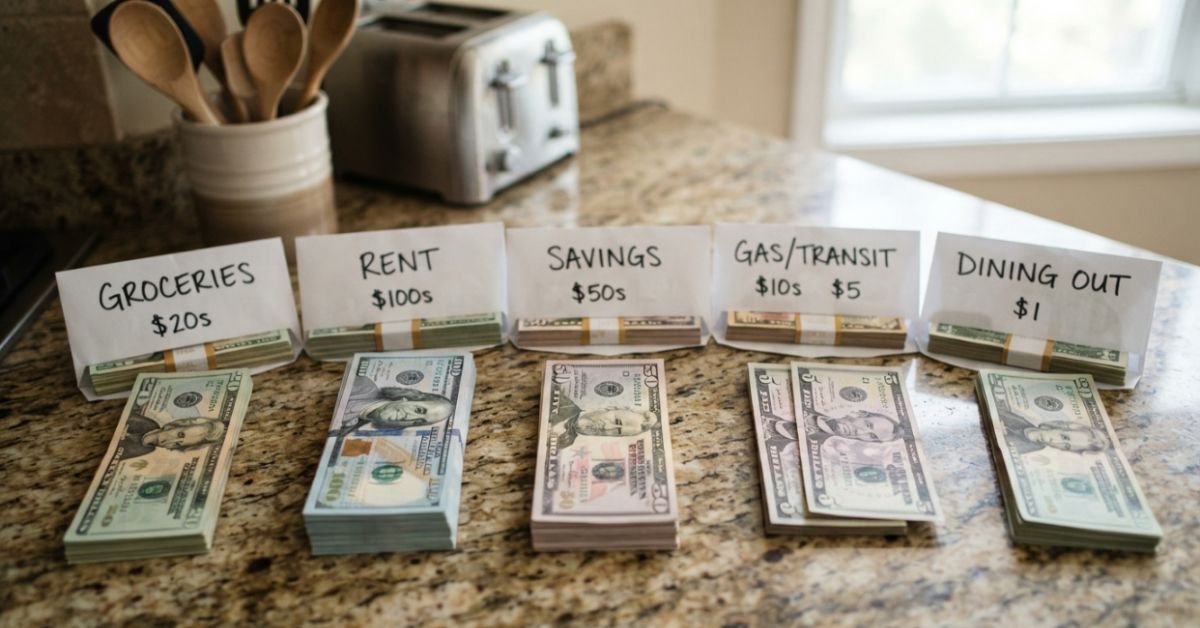 A close up photo of categorized US dollar bills neatly sorted on a kitchen counter with clear labeled envelopes