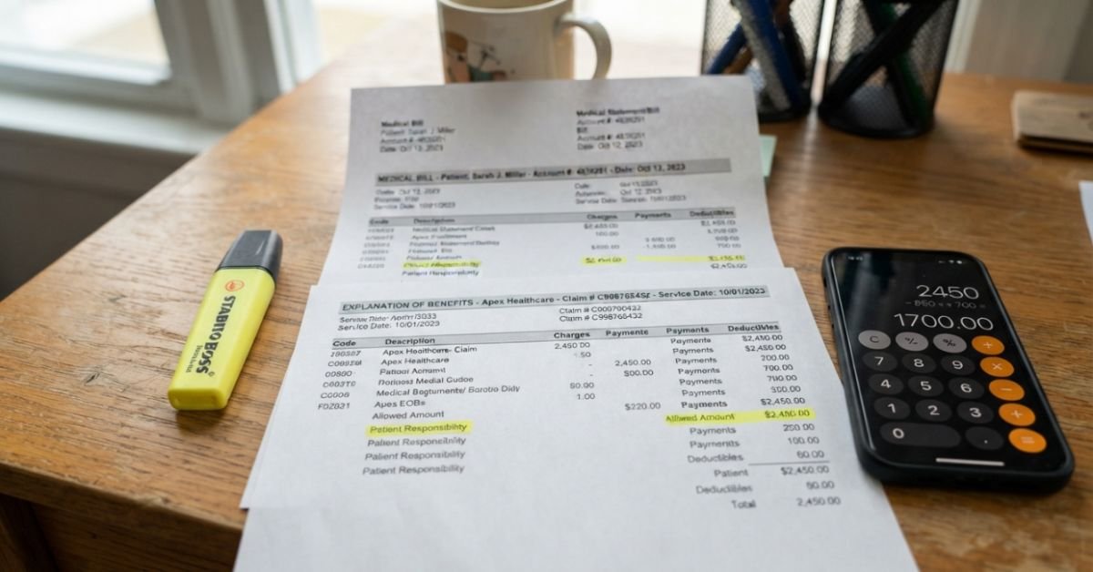 A close-up realistic shot of a wooden desk with a medical bill, an insurance EOB paper, a smartphone calculator, and a yellow highlighter