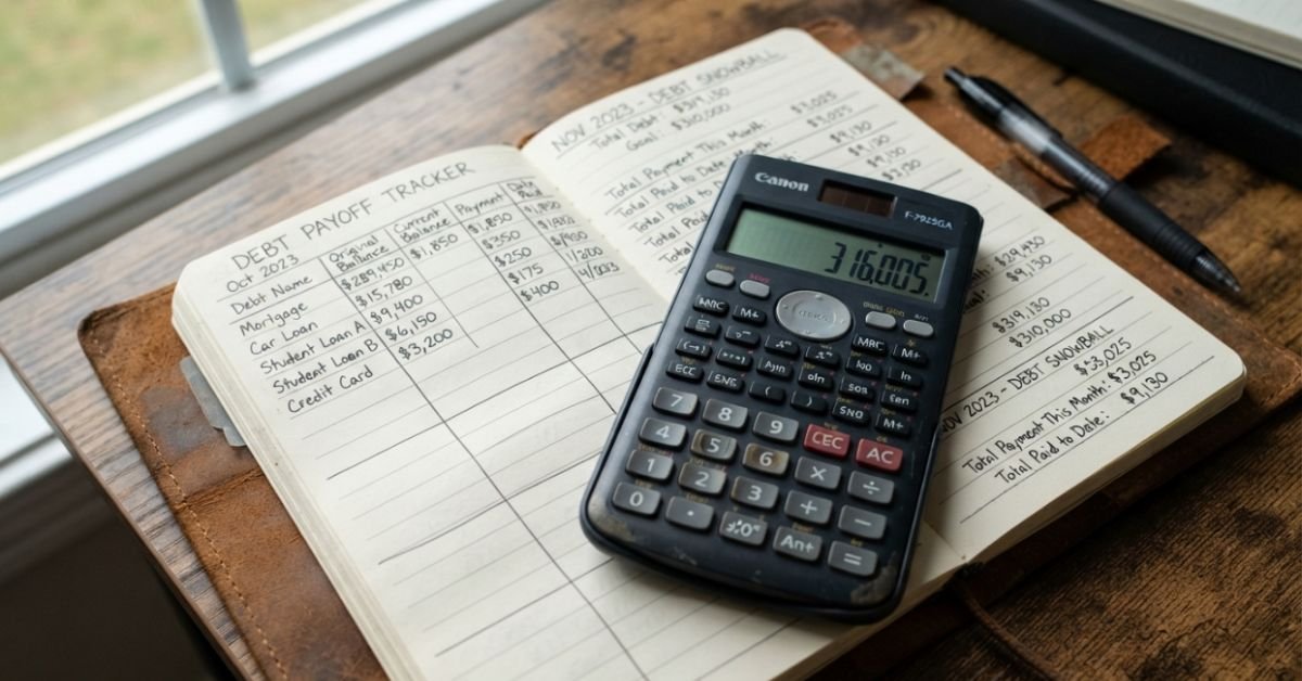 A close-up shot of a modern calculator resting on an open leather-bound personal finance journal with handwritten debt payoff numbers