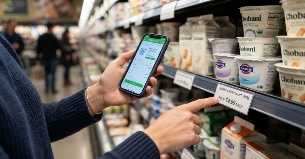 A close-up shot of hands holding a smartphone comparing a supermarket shelf price tag with a digital grocery app