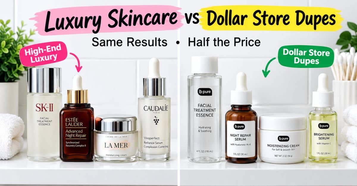 A curated flat lay of luxury glass skincare bottles side by side with minimalist dollar store dupes on a clean white bathroom shelf