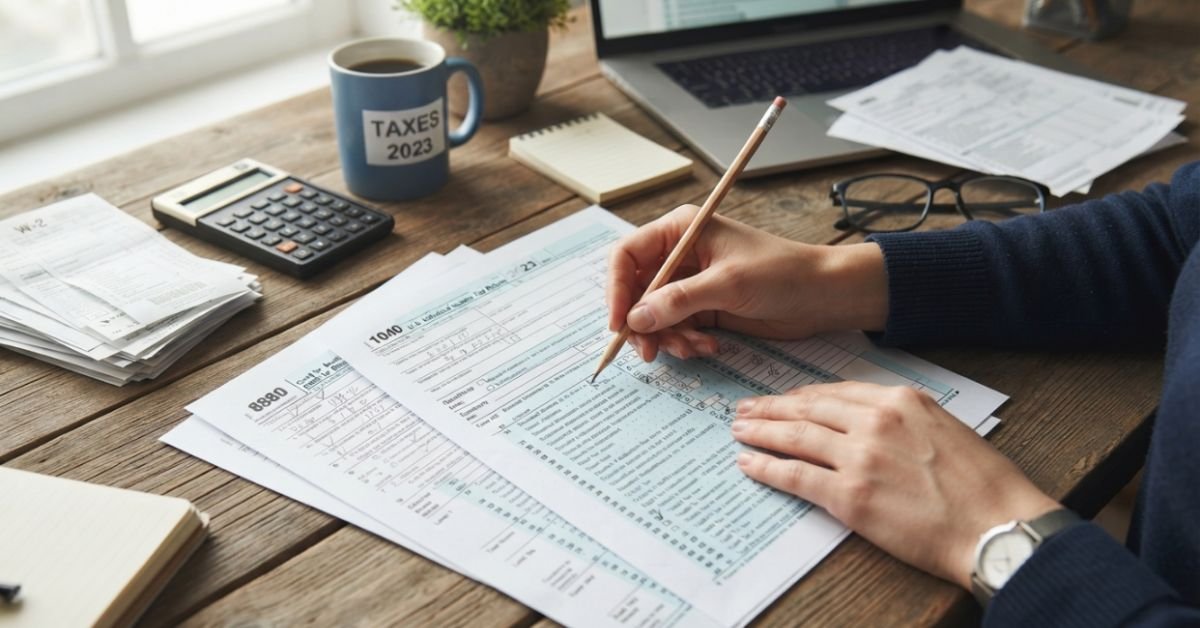 A detailed view of a person using a pencil to check off line items on an IRS Form 1040 and Form 8880 on a wooden office table