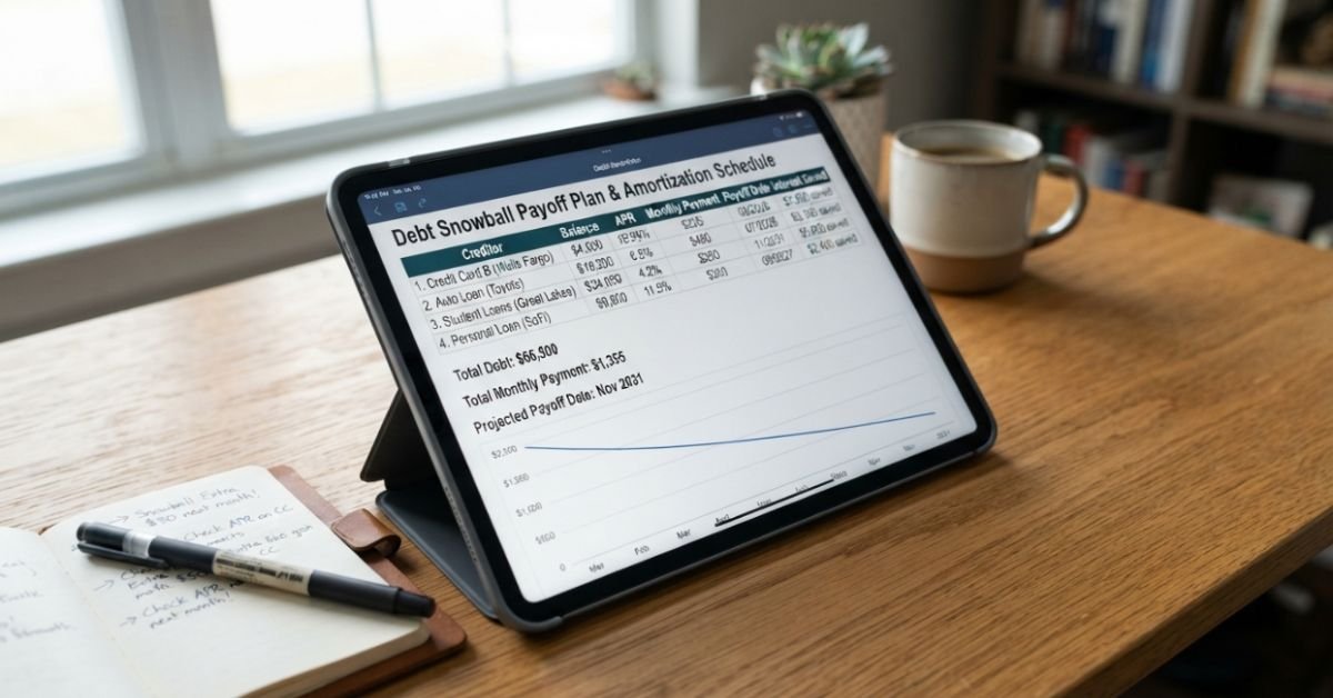 A digital tablet resting on a desk displaying an itemized debt payoff plan and amortization schedule next to a pen