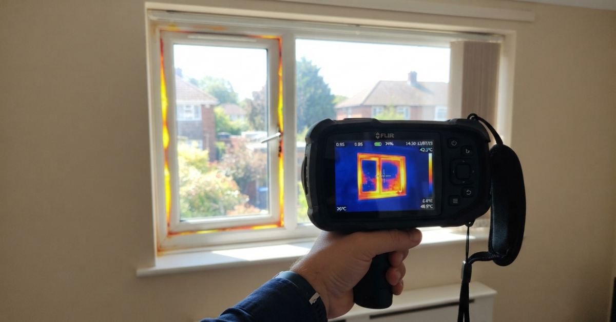 A digital thermal imaging camera screen displaying heat leaks around a closed residential window during summer daylight