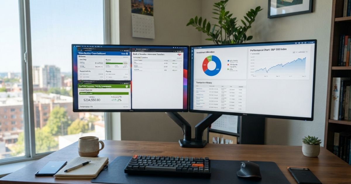 A dual-monitor workspace setup showing multiple online banking windows, automated transfer schedules, and investment portfolio allocations in crisp daylight