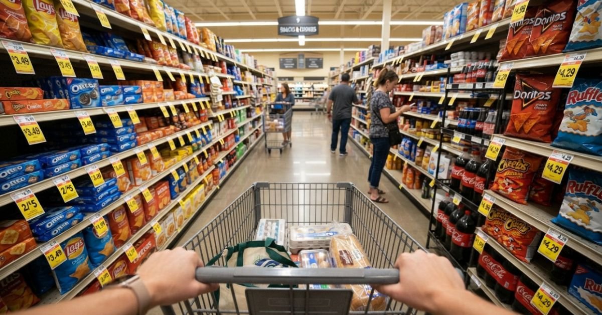 A first-person point-of-view shot pushing a metal grocery cart down an American supermarket aisle with brightly lit price tags on shelves