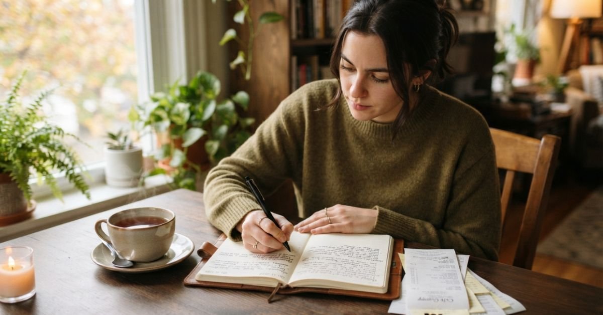 A focused person sitting at a tidy table with a cup of tea, writing reflections in a paper journal with receipts neatly stacked beside them