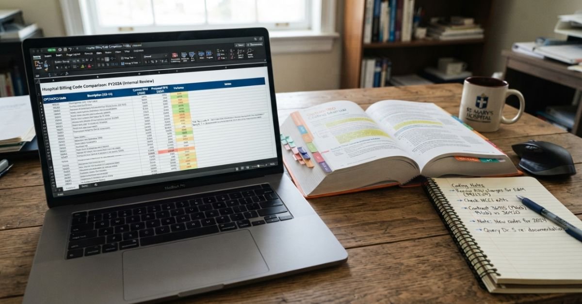 A laptop displaying a spreadsheet comparison of hospital billing codes next to an open medical manual and handwritten notes