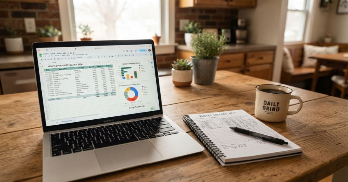 A laptop displaying an open spreadsheet next to an organized paper budget notebook, pen, and coffee mug on a kitchen table