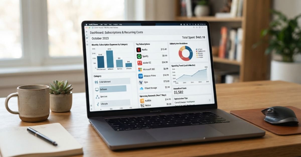 A laptop screen displaying a clean personal finance software dashboard with categorized monthly subscription expenses and analytics