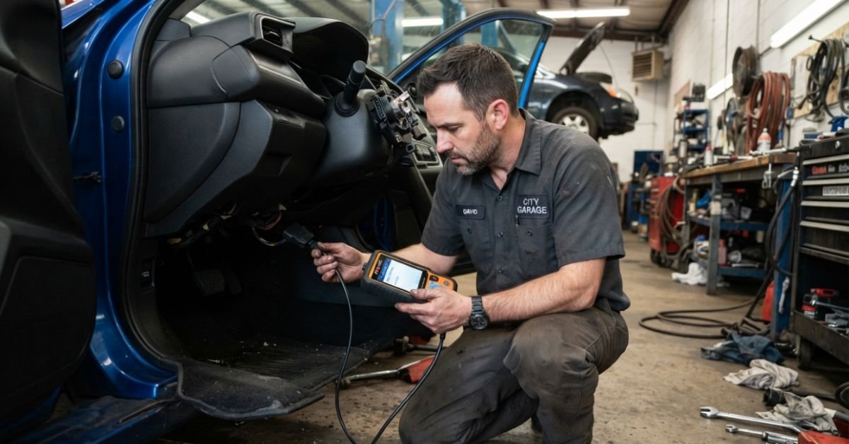 A mechanic holding an OBD-II diagnostic scanner tool plugged into a car's port beneath the dashboard, realistic garage setting