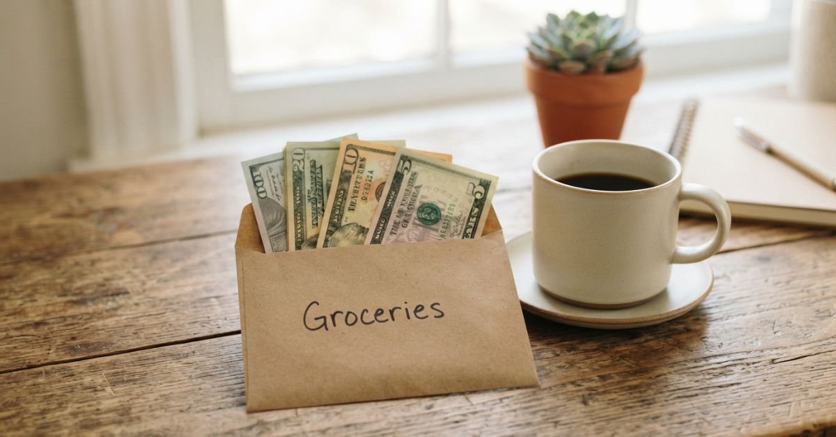 A minimalist kraft paper envelope labeled Groceries with US dollar bills resting on a wooden desk beside a coffee cup