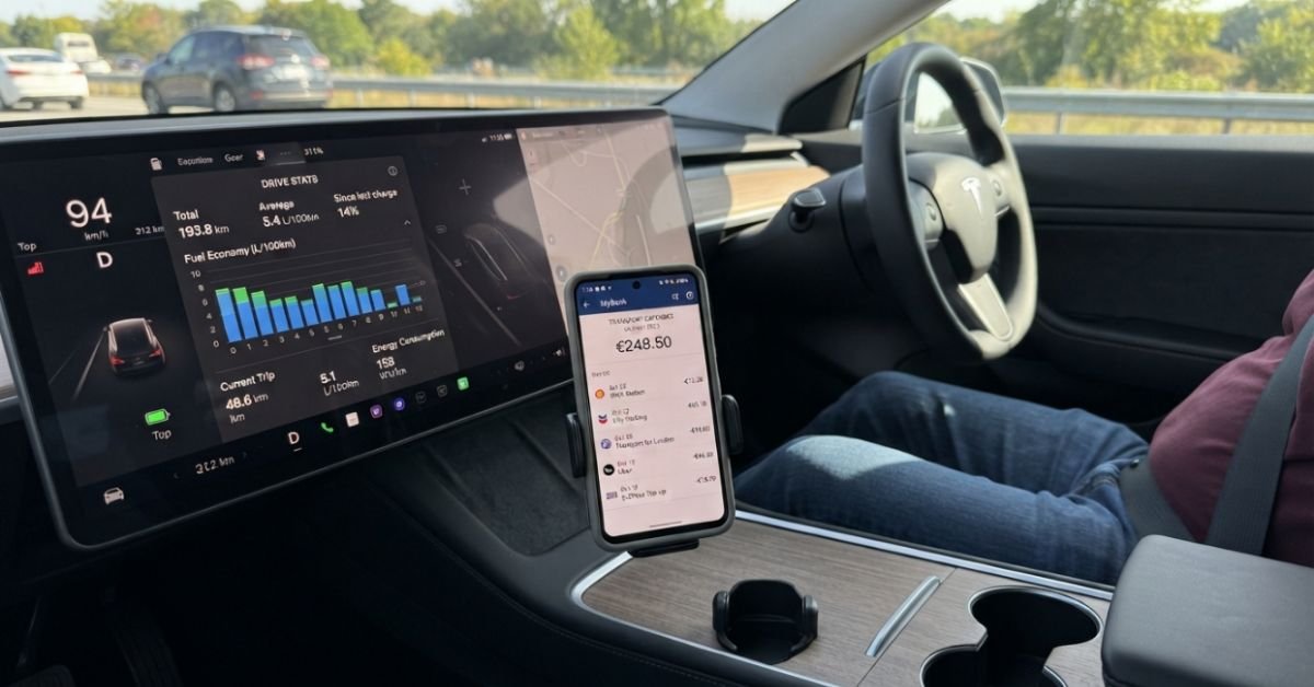A modern car dashboard displaying fuel economy metrics alongside an open smartphone banking app showing transport expenses on a center console