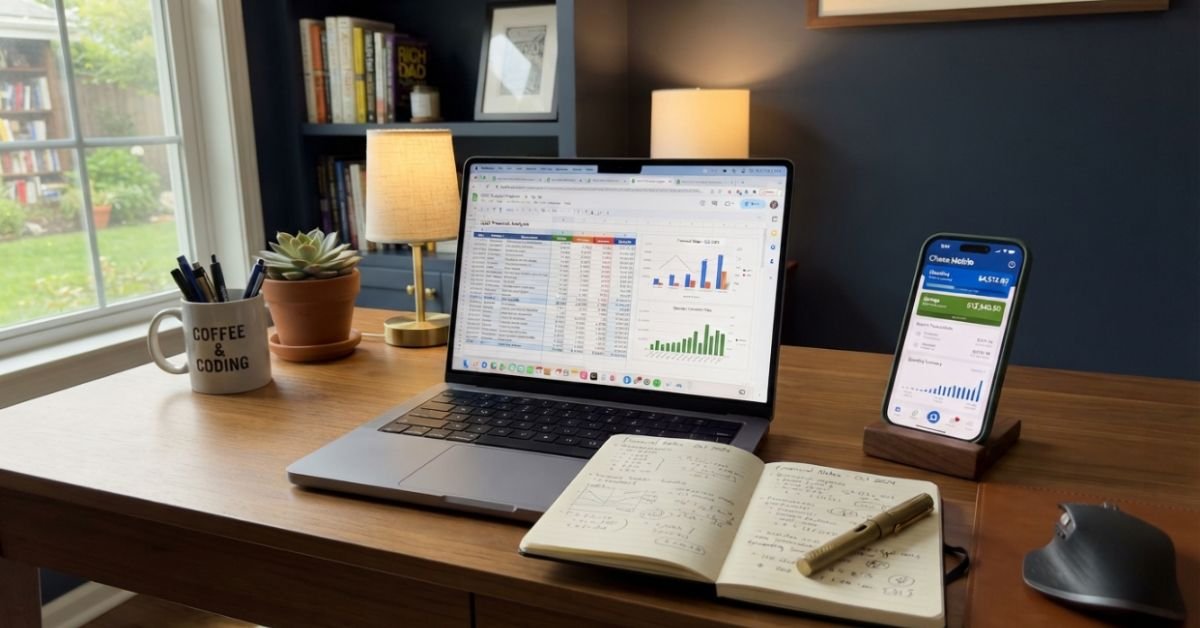 A modern home office desk with a laptop displaying a financial spreadsheet, a paper notebook with pen, and a smartphone showing a banking app