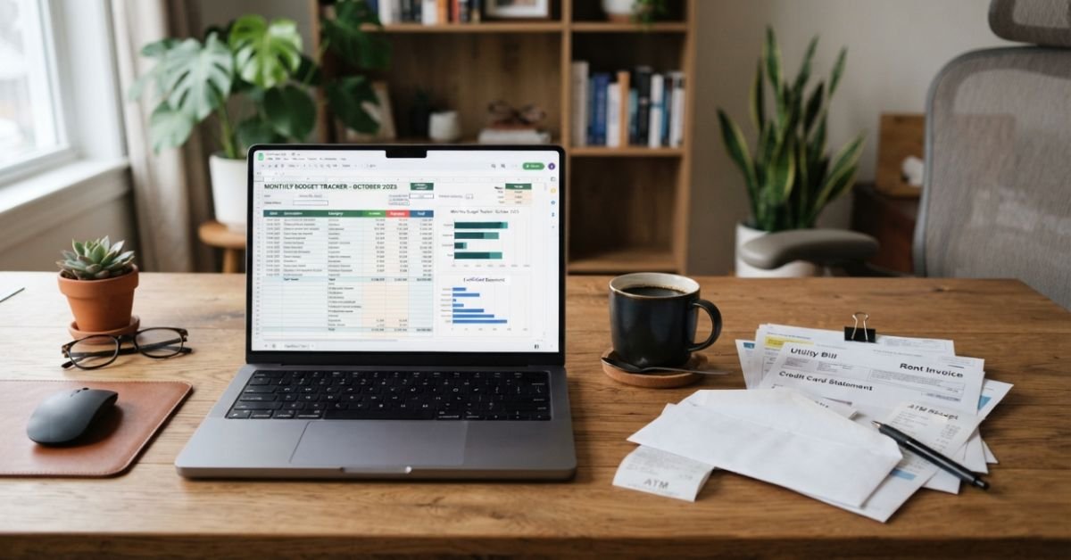A modern home office wooden desk with a laptop displaying a personal finance spreadsheet beside a cup of black coffee and physical bills
