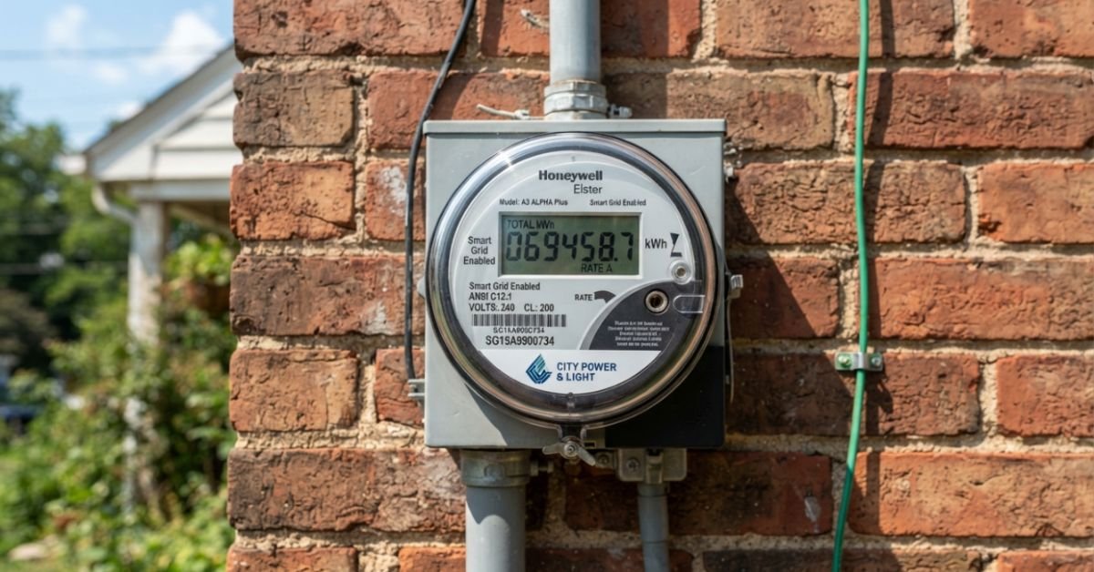A modern home utility digital smart meter mounted outside on brick siding showing kilowatt hour readings under bright summer sunlight