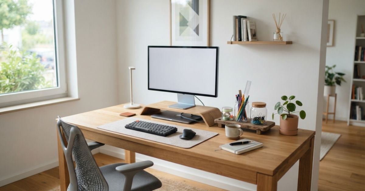 A modern home workspace with a neatly organized desk setup, glass containers, and minimalist aesthetic design elements