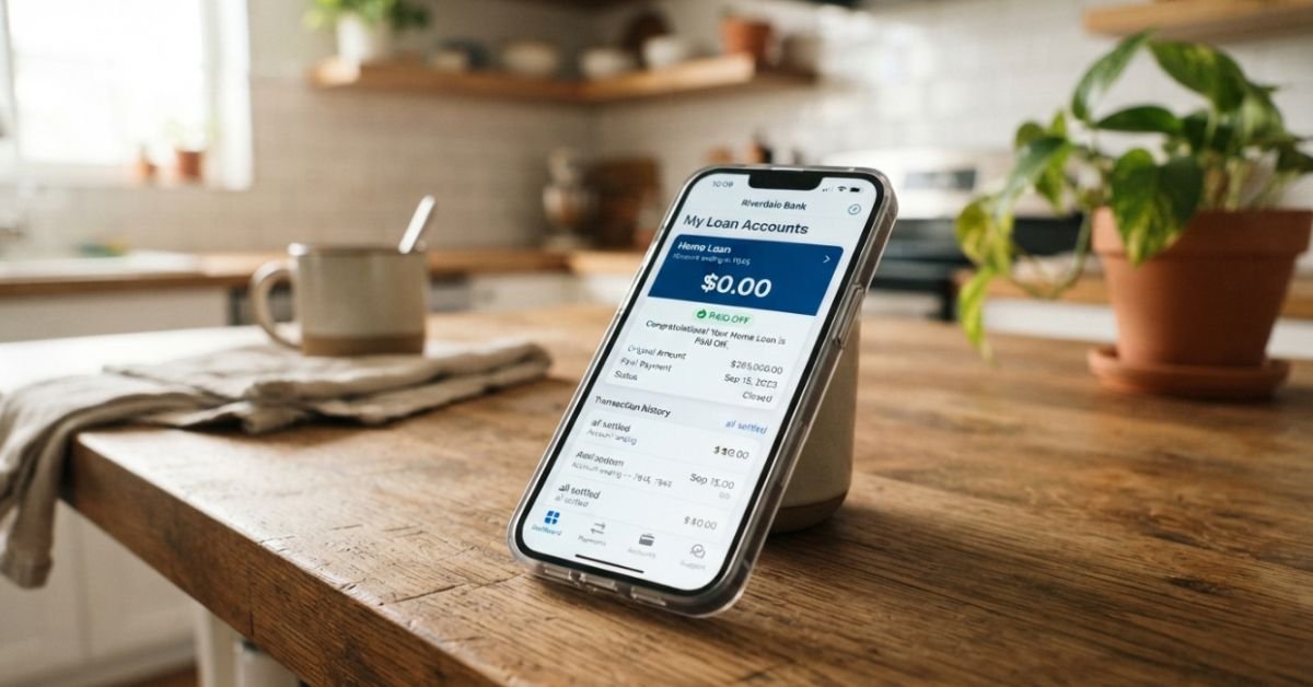 A modern iPhone resting on a wooden kitchen counter showing a clean banking application with a paid-off loan balance
