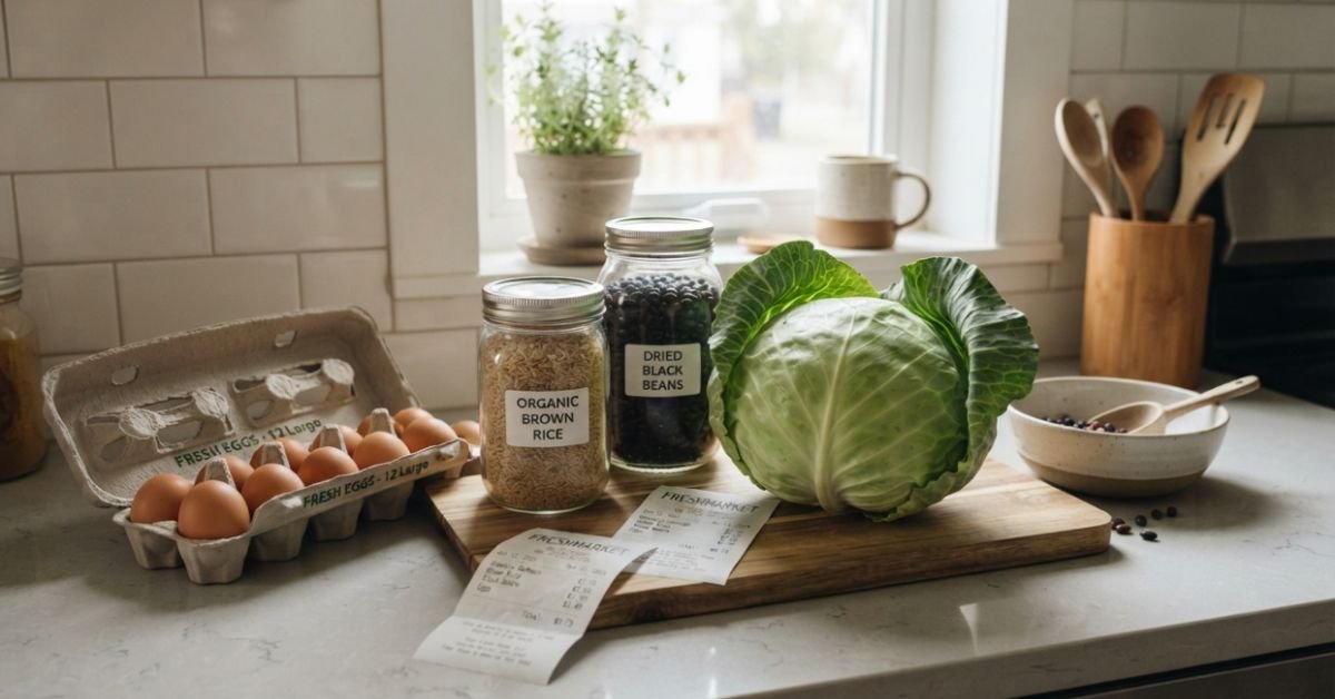 A modern kitchen countertop showing fresh budget groceries, raw cabbage, brown rice, eggs, dried black beans, and store receipt