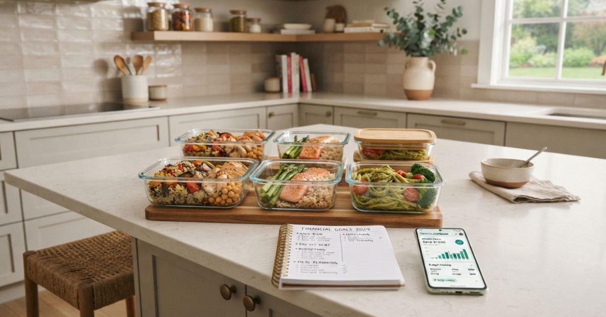 A modern kitchen island with organized glass meal prep containers next to an open notebook and smartphone showing financial goals