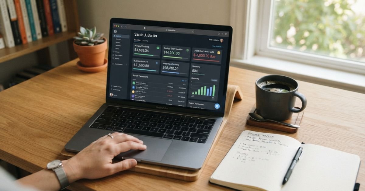 A modern laptop on a wooden desk displaying an organized banking dashboard with multiple account balances, beside a notebook and morning coffee