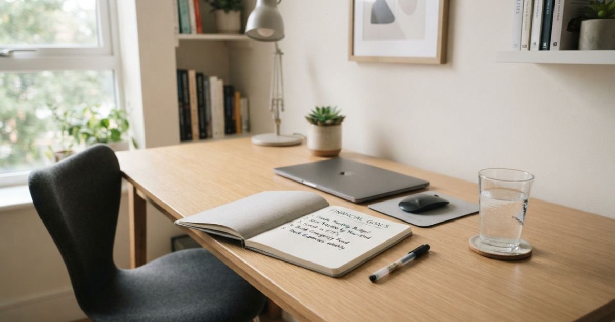 A modern, minimalist home study desk featuring a clean layout, a notebook with financial goals written down, and a glass of water