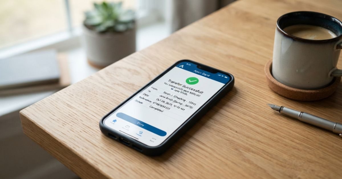 A modern smartphone resting on a clean wooden tabletop displaying a banking app screen showing a successful transfer confirmation