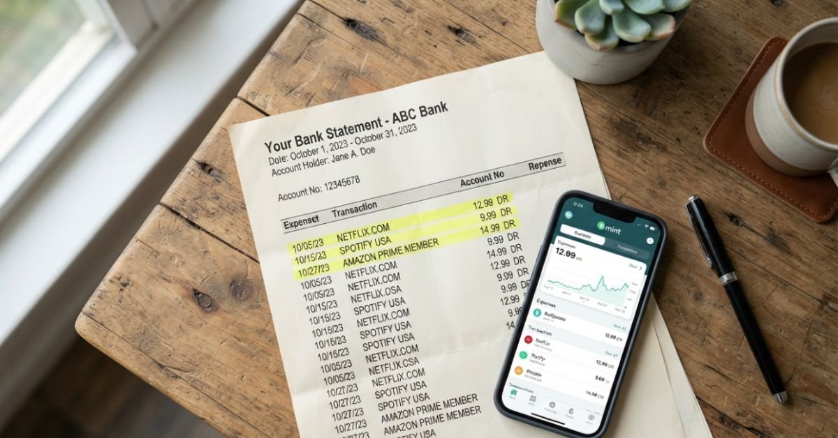 A modern smartphone resting on an open paper bank statement on a wooden desk, highlighting highlighted recurring debit line