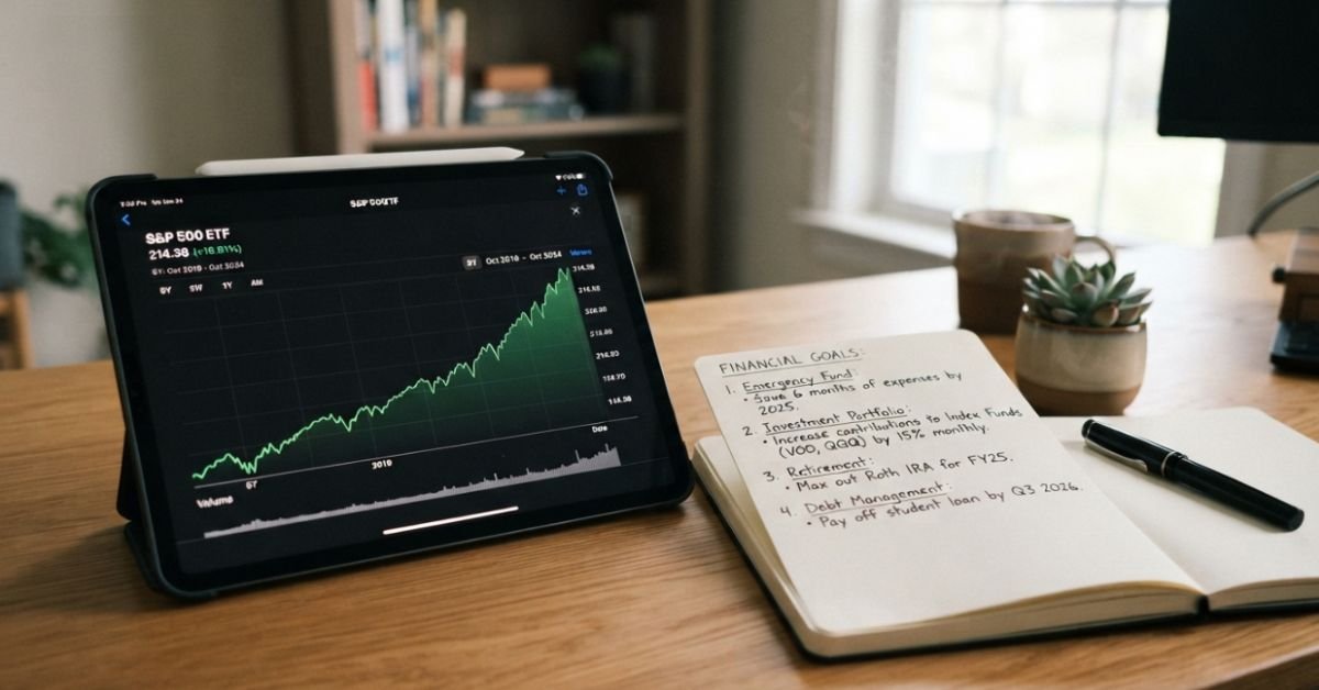 A modern tablet screen displaying stock market index fund growth charts resting next to a notebook with financial goals written down
