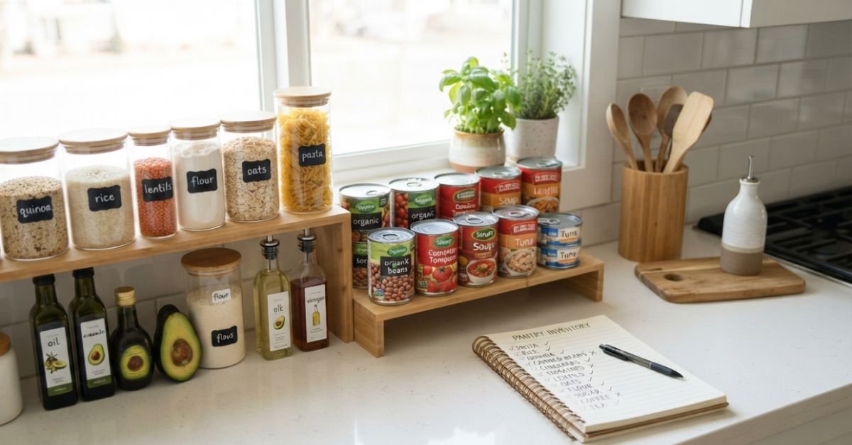 A neatly organized kitchen counter showing pantry staples, canned goods, and a notepad with an inventory checklist in bright daylight
