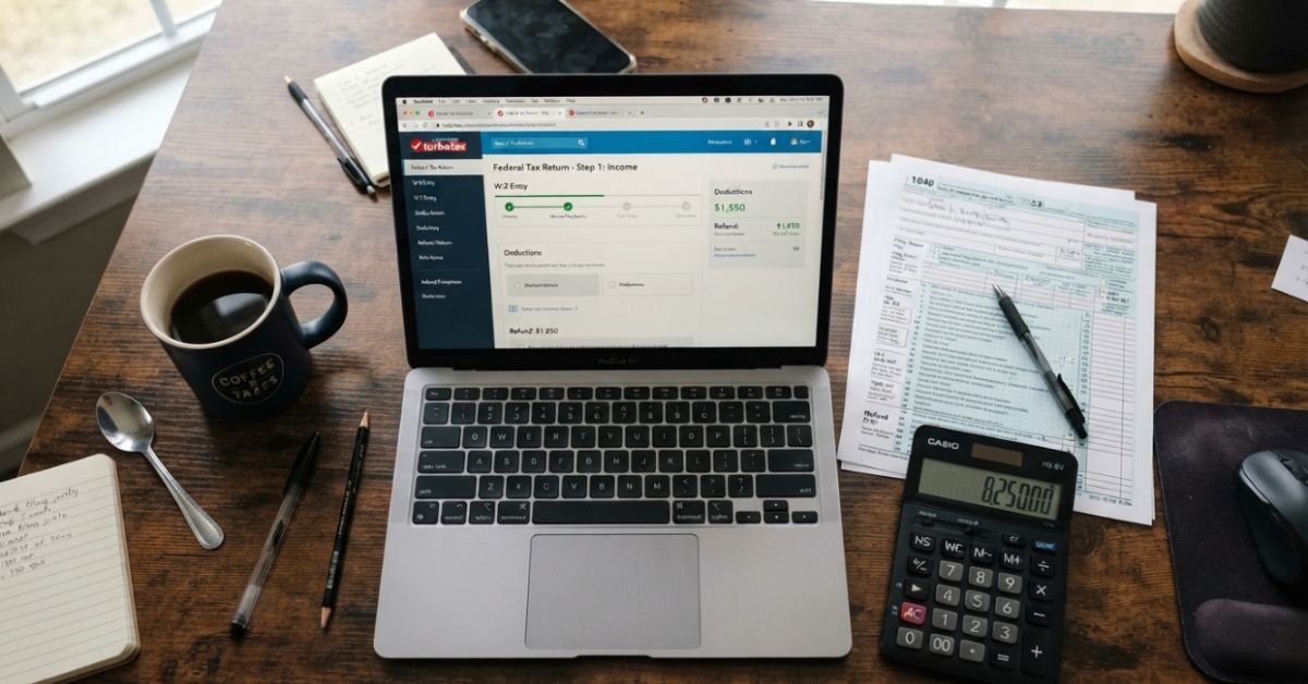 A realistic top-down desk photo showing a laptop displaying tax preparation software, a paper Form 1040, a calculator, and a coffee mug