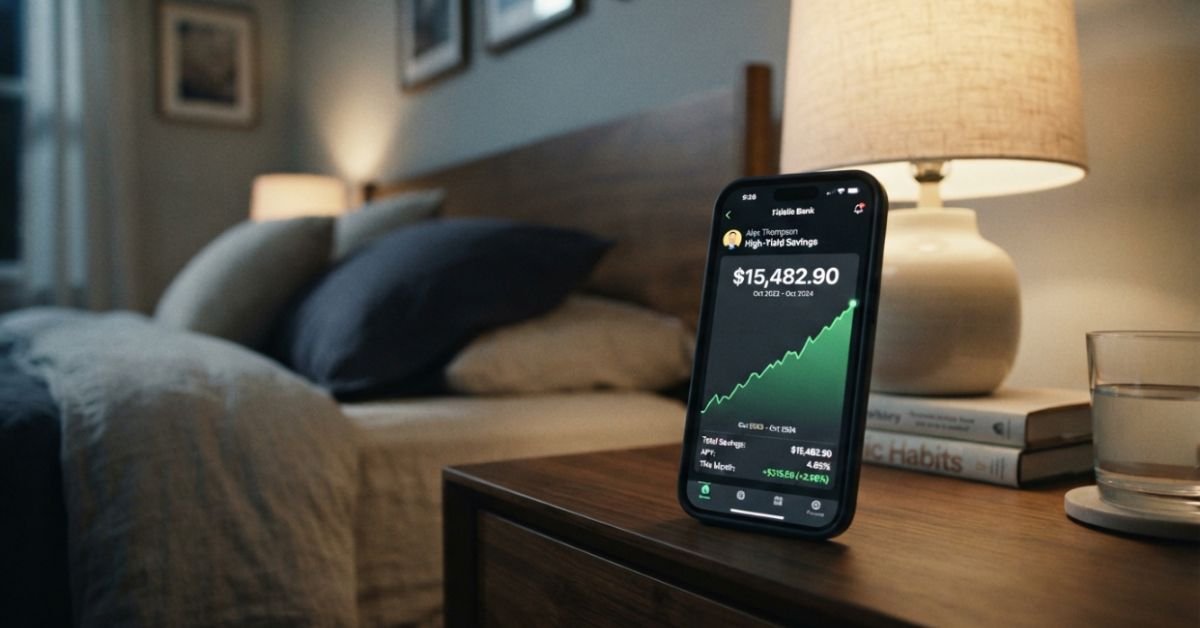 A sleek smartphone on a nightstand displaying a high-yield savings account balance graph trending upward steadily