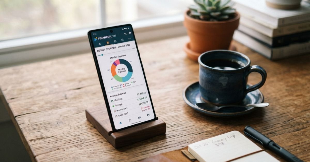 A sleek smartphone resting on a wooden desk displaying a personal finance budgeting app with charts and account balances beside a coffee cup