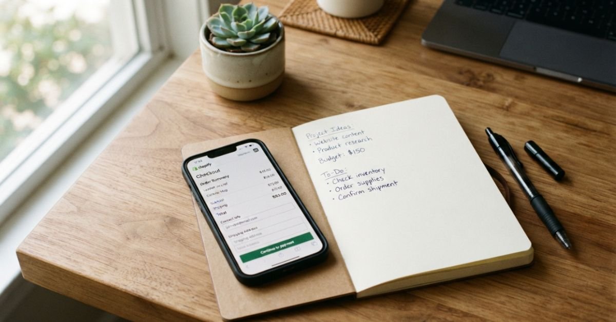 A smartphone on a wooden desk displaying an online shopping cart checkout screen next to a paper notebook and pen