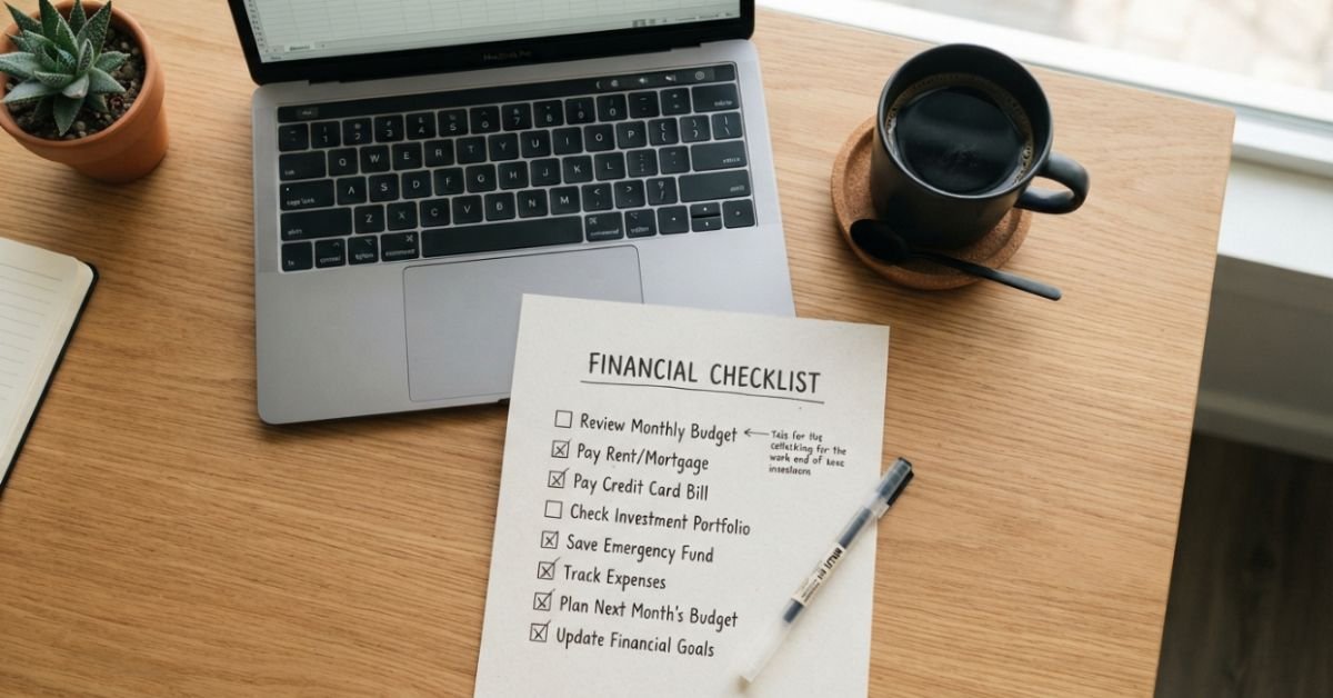 A neatly arranged flat lay of a pen, a financial checklist on paper, a laptop keyboard, and a cup of black coffee