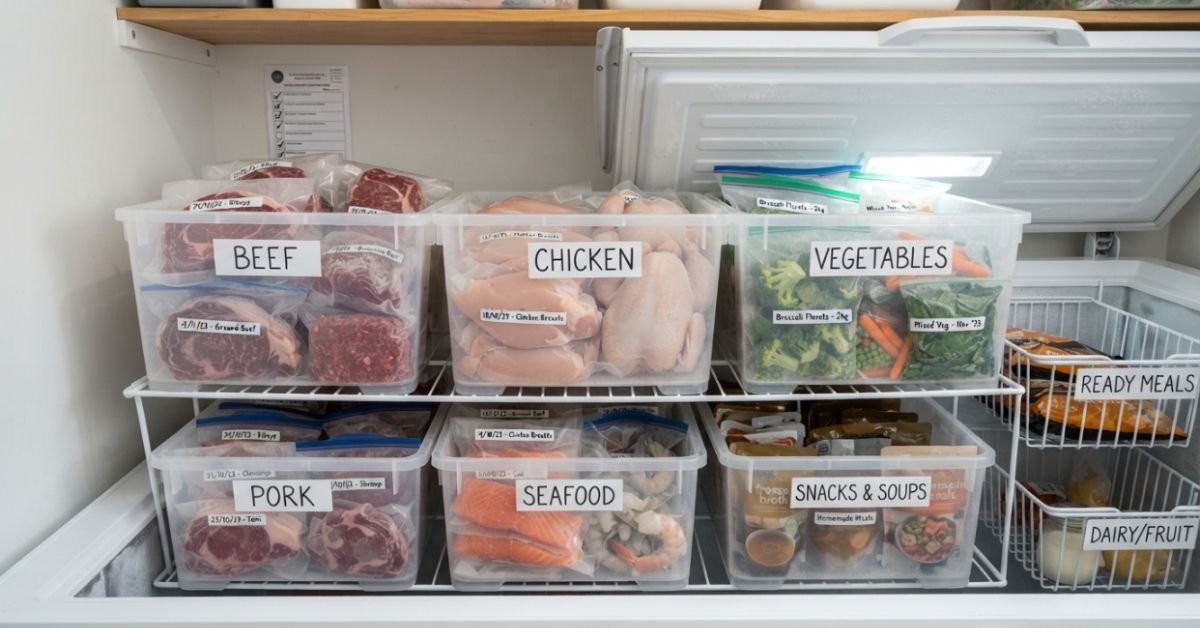 A well organized freezer with clear labeled plastic bins holding frozen meat portions and vegetables in vacuum sealed bags
