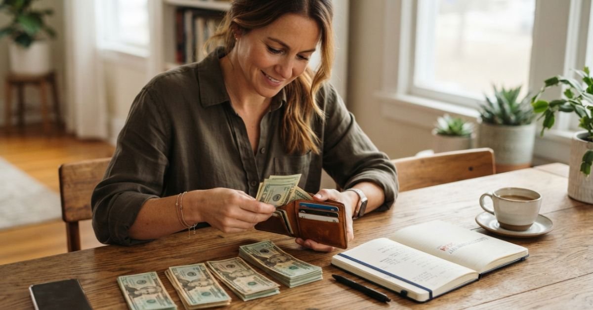 A woman organizing paper money from a slim leather wallet at a wooden table with a notebook planner nearby