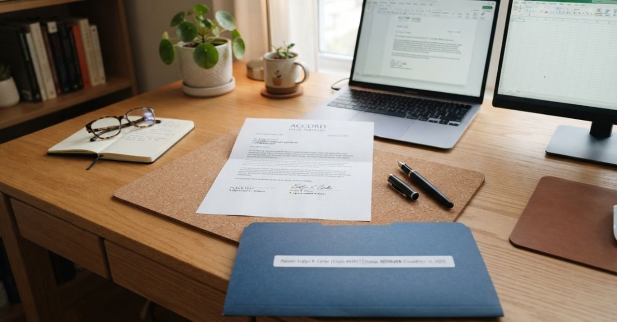 An organized home office desk with a signed settlement letter, a pen, and a closed medical folder showing resolved status