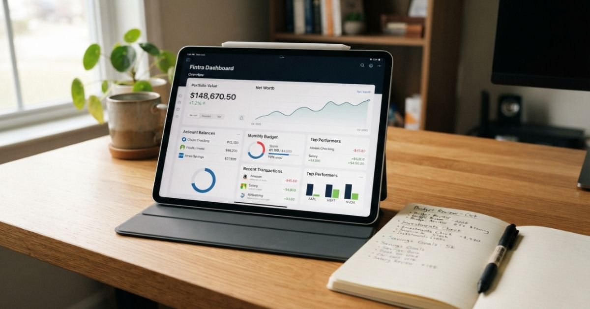 Clean financial dashboard displayed on an iPad screen resting on a wooden desk next to a notebook