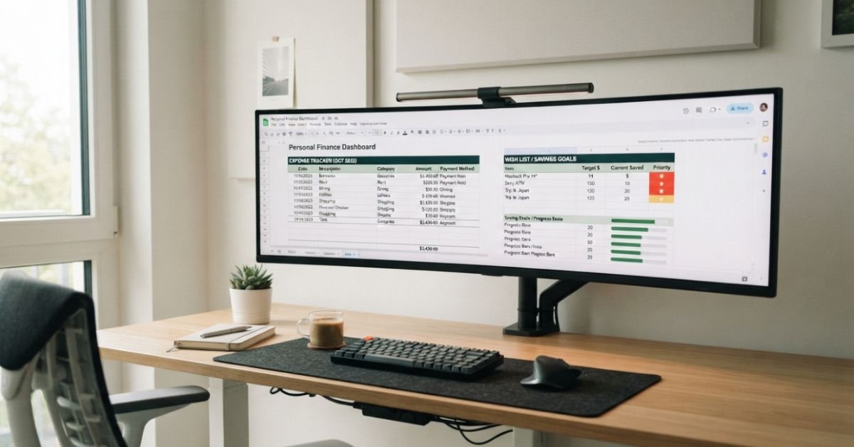 Clean minimal desktop setup featuring an open spreadsheet on an ultra-wide monitor tracking personal expenses and wishlists
