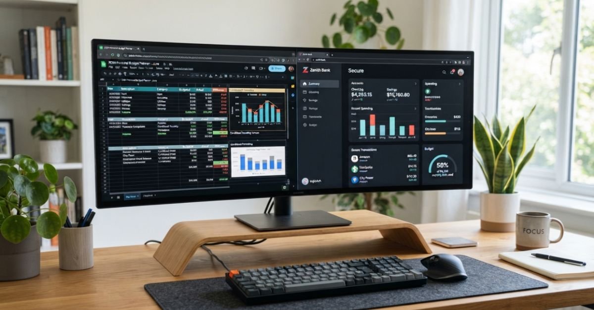 Clean modern desktop workspace showing a split screen of a personal spreadsheet budget alongside a financial banking dashboard