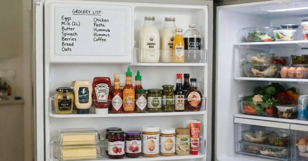 Clean modern refrigerator door interior showing organized condiments, glass milk jugs, and a whiteboard grocery reminder