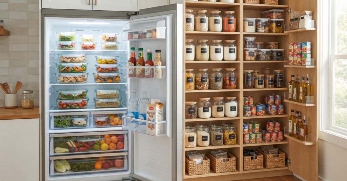 Clean, organized refrigerator and pantry shelves stocked with glass meal prep containers and bulk dry goods