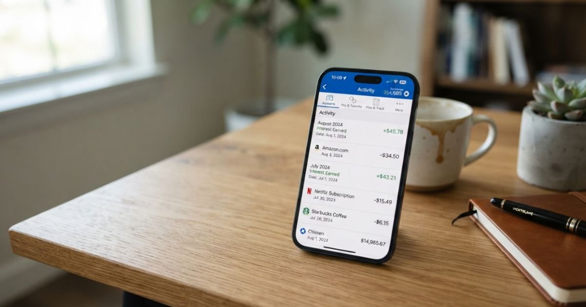 Clean photo of a modern smartphone resting on a wooden desk displaying an online banking application transaction screen with interest payments