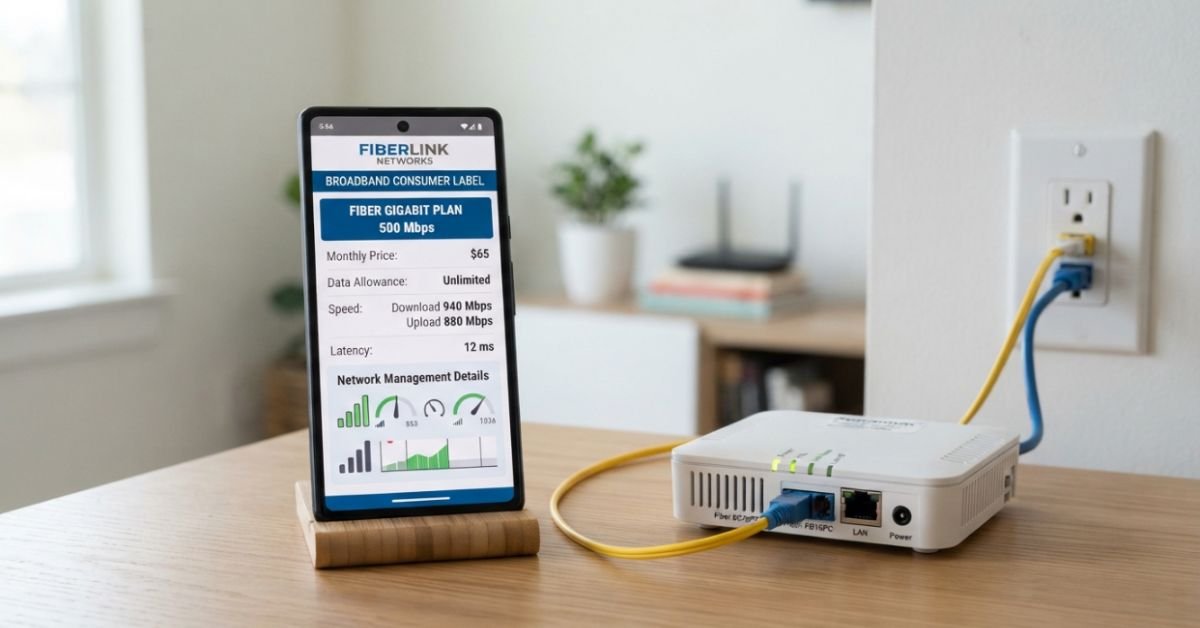 Clean photo of modern smartphone displaying broadband nutrition consumer labels side by side with home fiber optical terminal