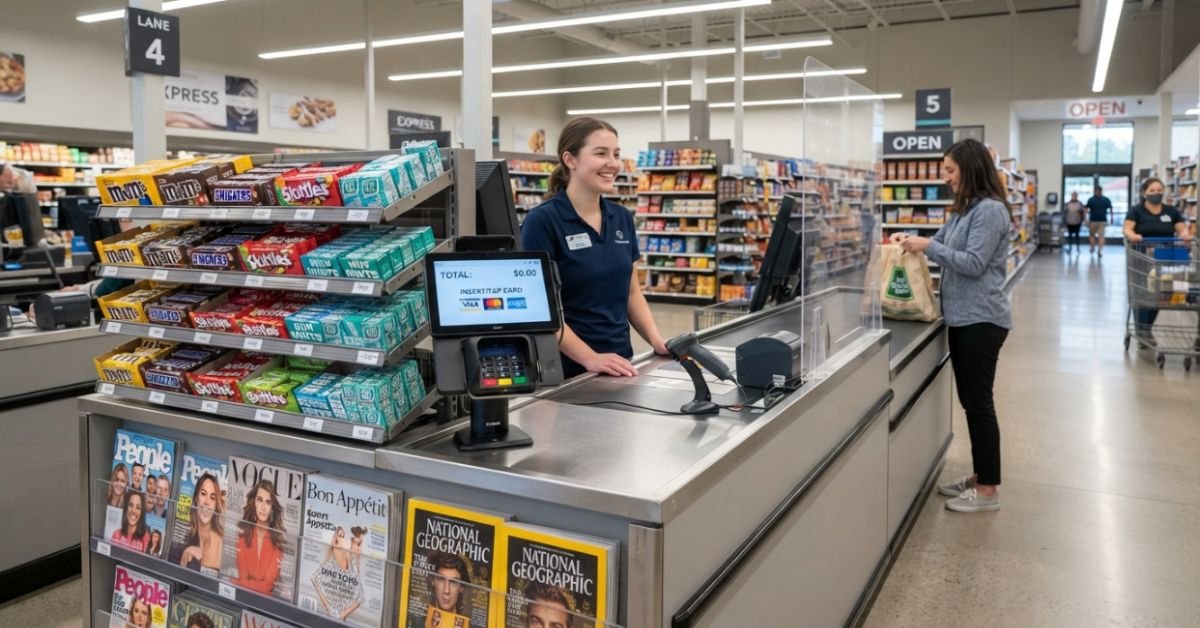 Clean view of an organized grocery store checkout lane with candy displays, magazine racks, and card payment terminal