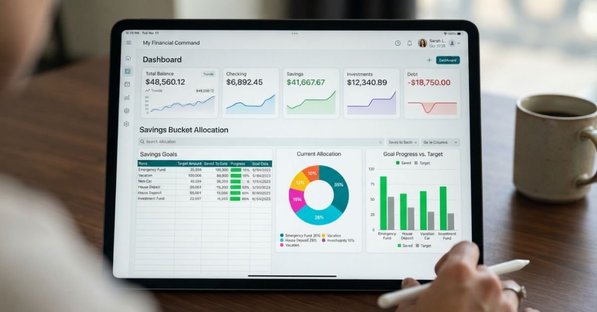 Close-up of an iPad screen showing a clean modern banking dashboard and savings bucket allocation spreadsheet with charts